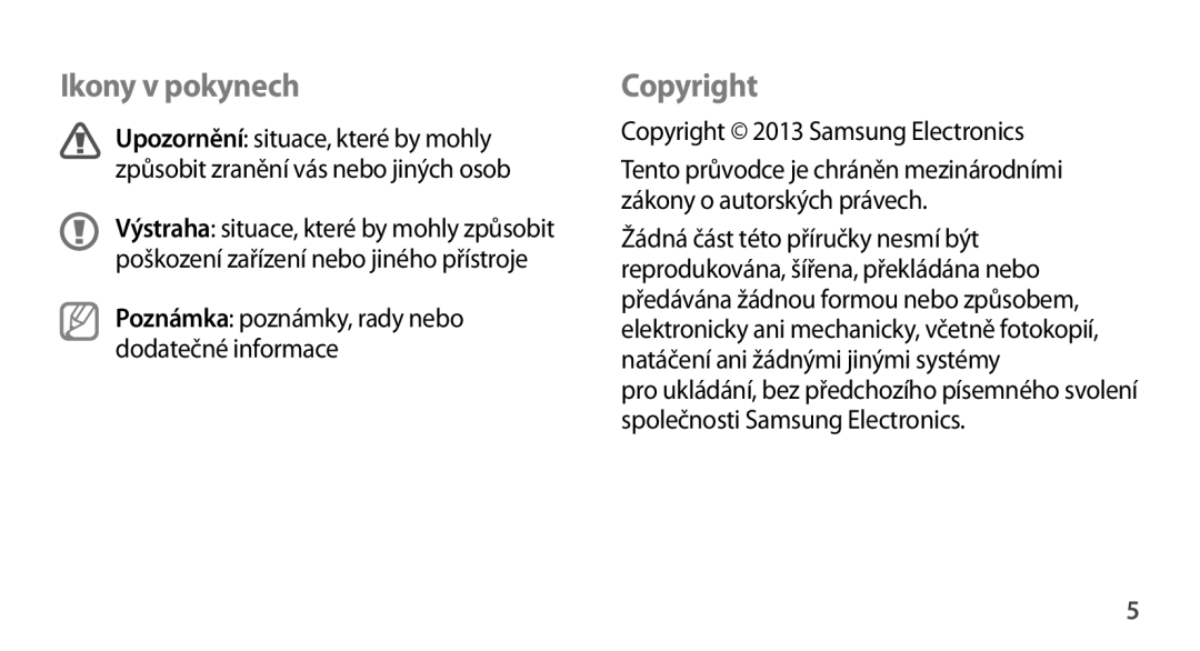 Samsung SM-N9005ZKEATO, SM-N9005ZKEXEO manual Ikony v pokynech, Copyright, Poznámka poznámky, rady nebo dodatečné informace 