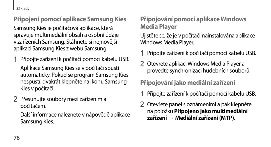 Samsung SM-N9005ZWEATO manual Připojování pomocí aplikace Windows Media Player, Připojování jako mediální zařízení 