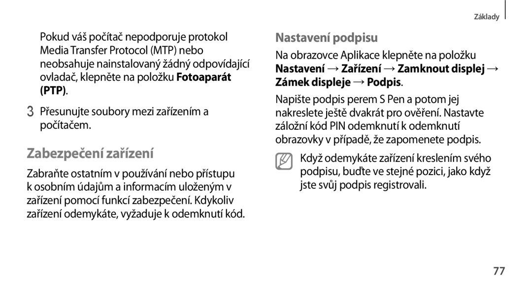 Samsung SM-N9005ZKEATO, SM-N9005ZKEXEO, SM-N9005ZWEXEO, SM-N9005ZKEPRT manual Zabezpečení zařízení, Nastavení podpisu 