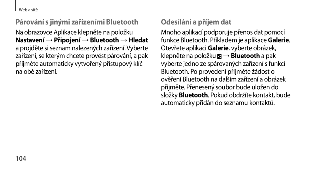 Samsung SM-N9005ZKEPLS, SM-N9005ZKEXEO, SM-N9005ZWEXEO Párování s jinými zařízeními Bluetooth, Odesílání a příjem dat, 104 