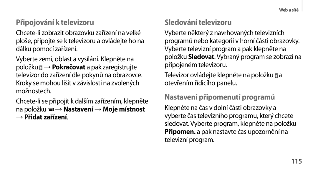 Samsung SM-N9005ZWEAUT Připojování k televizoru, Sledování televizoru, Nastavení připomenutí programů, → Přidat zařízení 