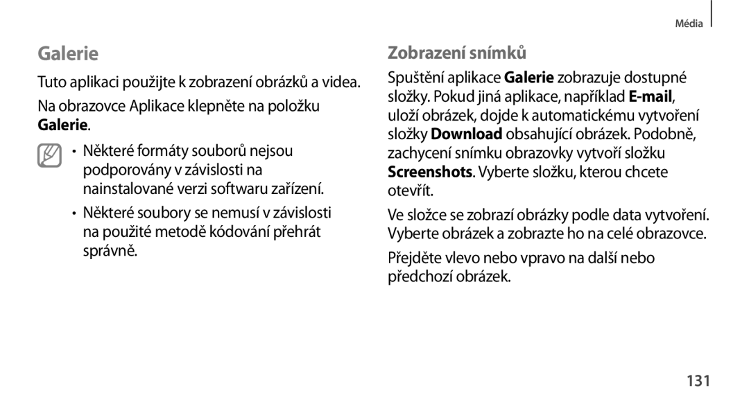 Samsung SM-N9005ZWEORX manual Galerie, Zobrazení snímků, Přejděte vlevo nebo vpravo na další nebo předchozí obrázek, 131 