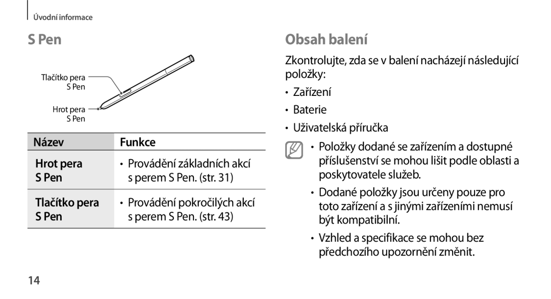 Samsung SM2N9005ZKETMZ, SM-N9005ZKEXEO, SM-N9005ZWEXEO manual Pen, Obsah balení, Název Funkce Hrot pera, Tlačítko pera 