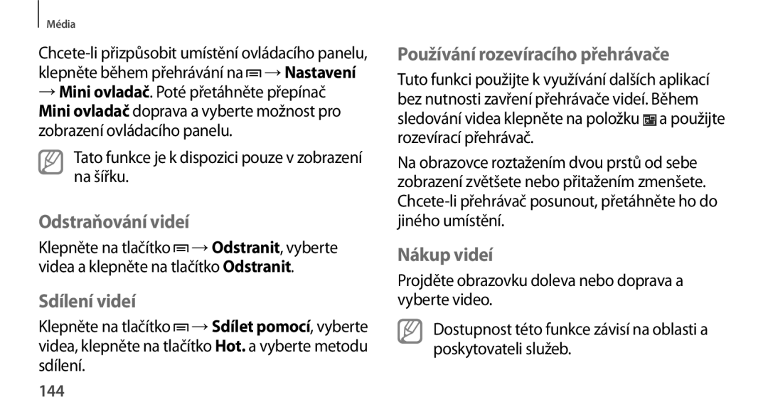 Samsung SM-N9005ZKEXEO manual Odstraňování videí, Sdílení videí, Používání rozevíracího přehrávače, Nákup videí, 144 