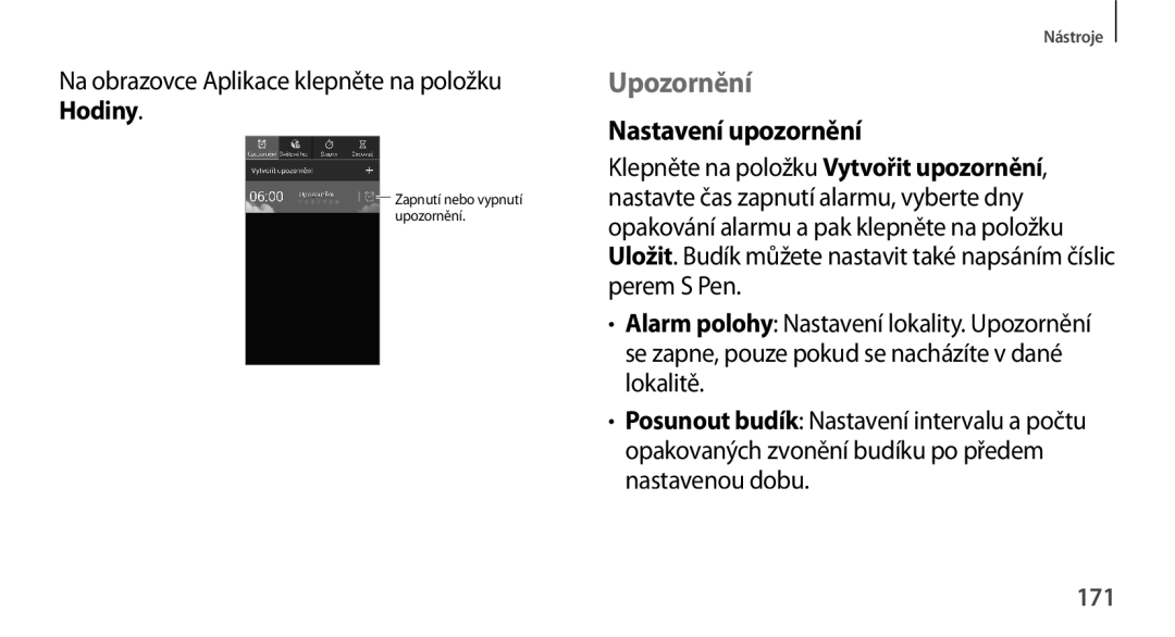 Samsung SM2N9005ZWEO2C, SM-N9005ZKEXEO, SM-N9005ZWEXEO, SM-N9005ZKEPRT manual Upozornění, Nastavení upozornění, Hodiny, 171 