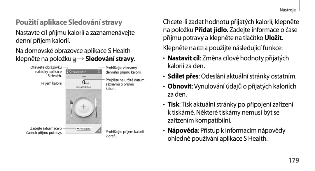 Samsung SM-N9005ZKEAUT manual Použití aplikace Sledování stravy, Kalorií za den, Za den, Zařízením kompatibilní, 179 