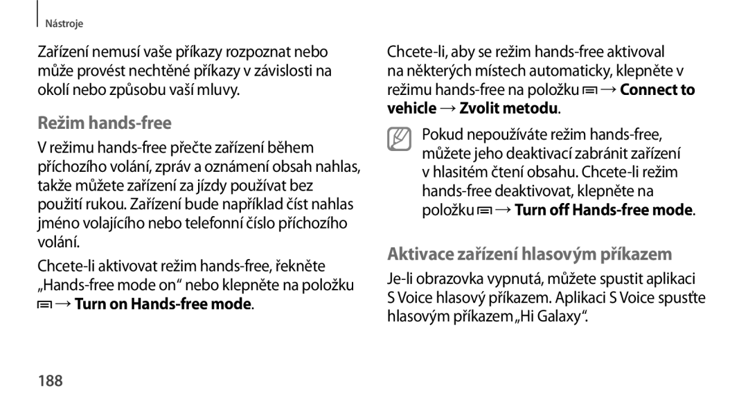 Samsung SM-N9005ZKEBGL manual Režim hands-free, Aktivace zařízení hlasovým příkazem, → Turn on Hands-free mode, 188 