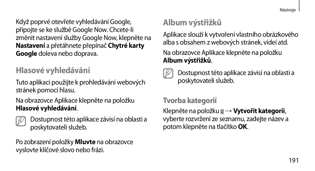 Samsung SM-N9005ZWEBGL, SM-N9005ZKEXEO, SM-N9005ZWEXEO manual Hlasové vyhledávání, Album výstřižků, Tvorba kategorií, 191 