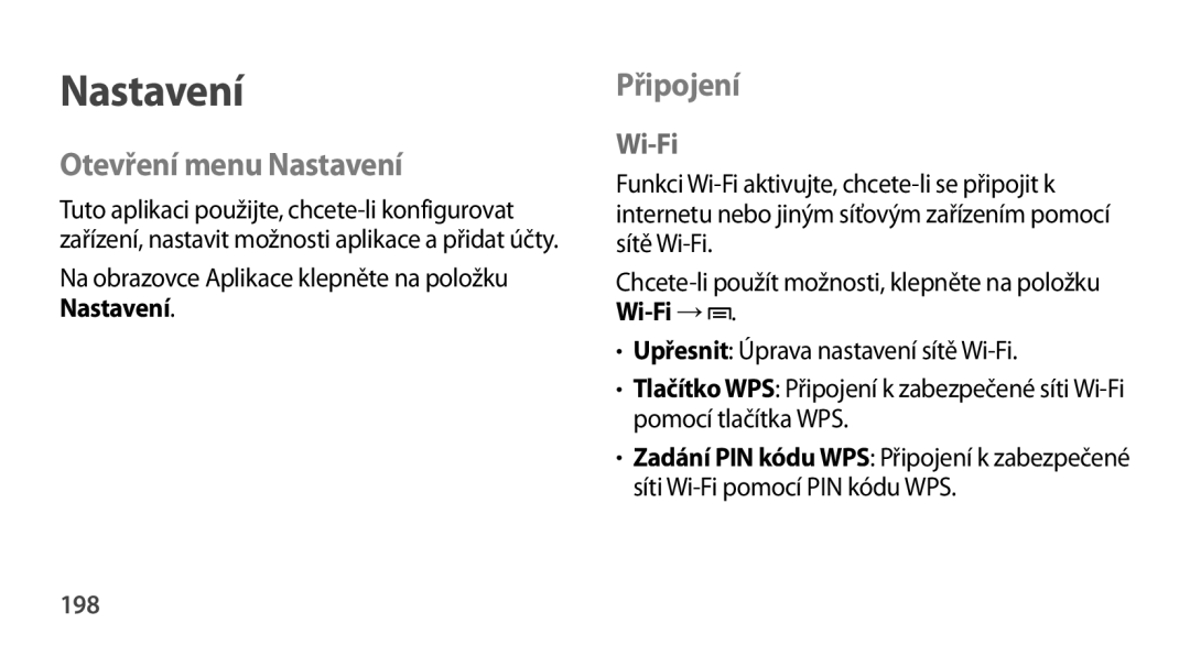 Samsung SM2N9005ZKEO2C, SM-N9005ZKEXEO, SM-N9005ZWEXEO, SM-N9005ZKEPRT manual Otevření menu Nastavení, Připojení, Wi-Fi, 198 