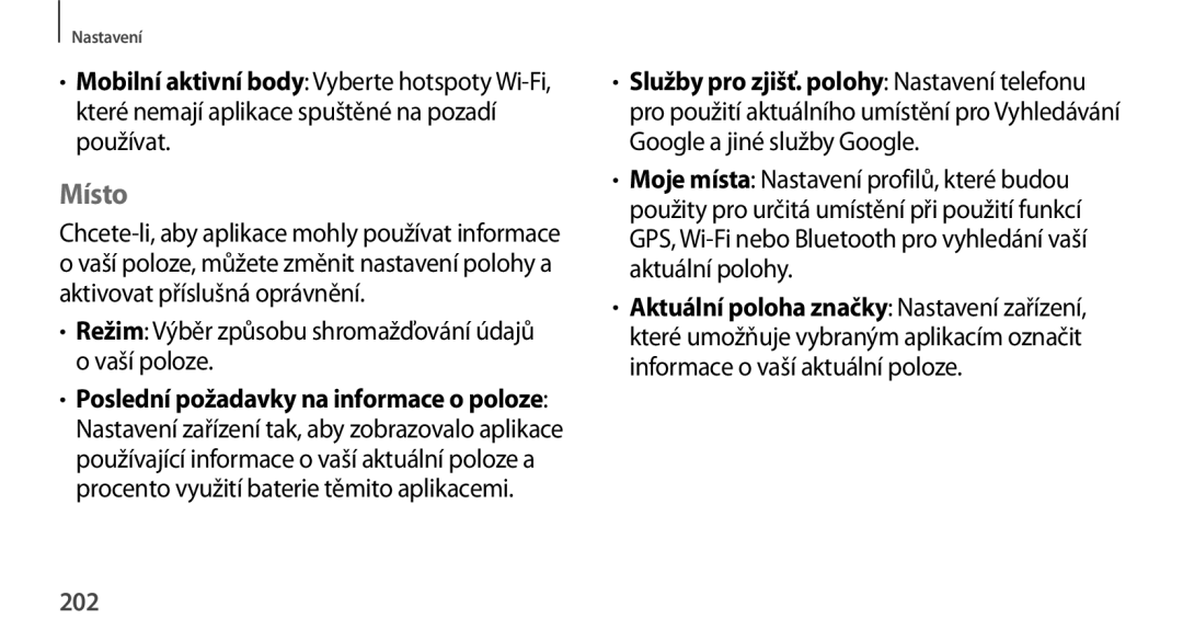 Samsung SM-N9005ZWETPL, SM-N9005ZKEXEO, SM-N9005ZWEXEO Místo, Režim Výběr způsobu shromažďování údajů o vaší poloze, 202 