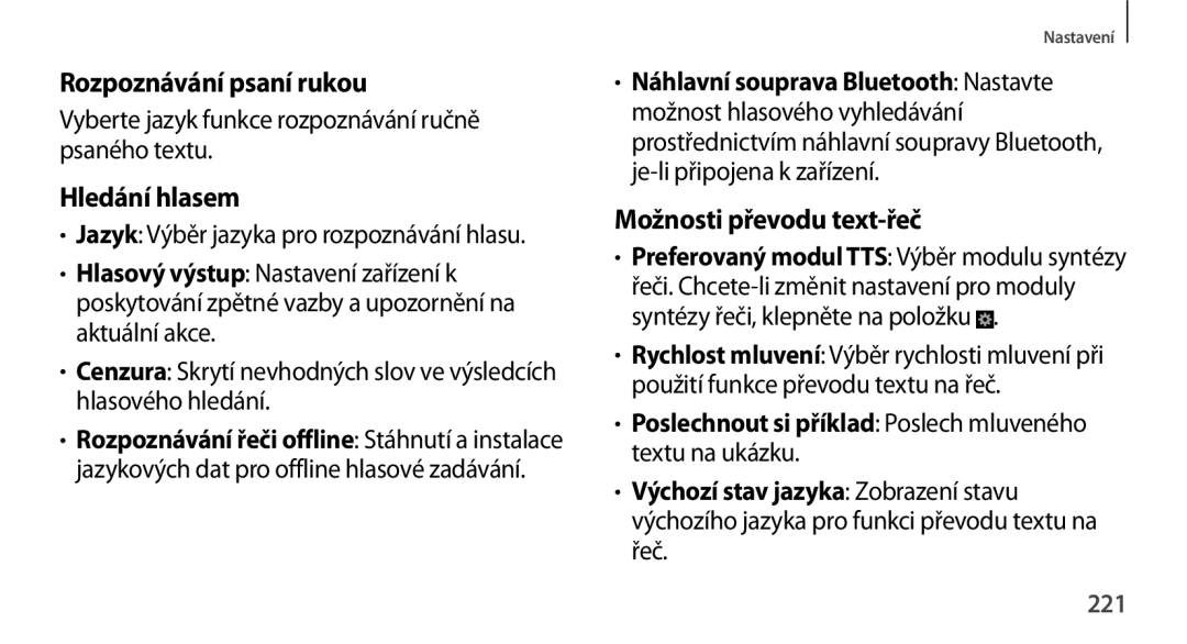 Samsung SM-N9005ZKEATO, SM-N9005ZKEXEO manual Rozpoznávání psaní rukou, Hledání hlasem, Možnosti převodu text-řeč, 221 