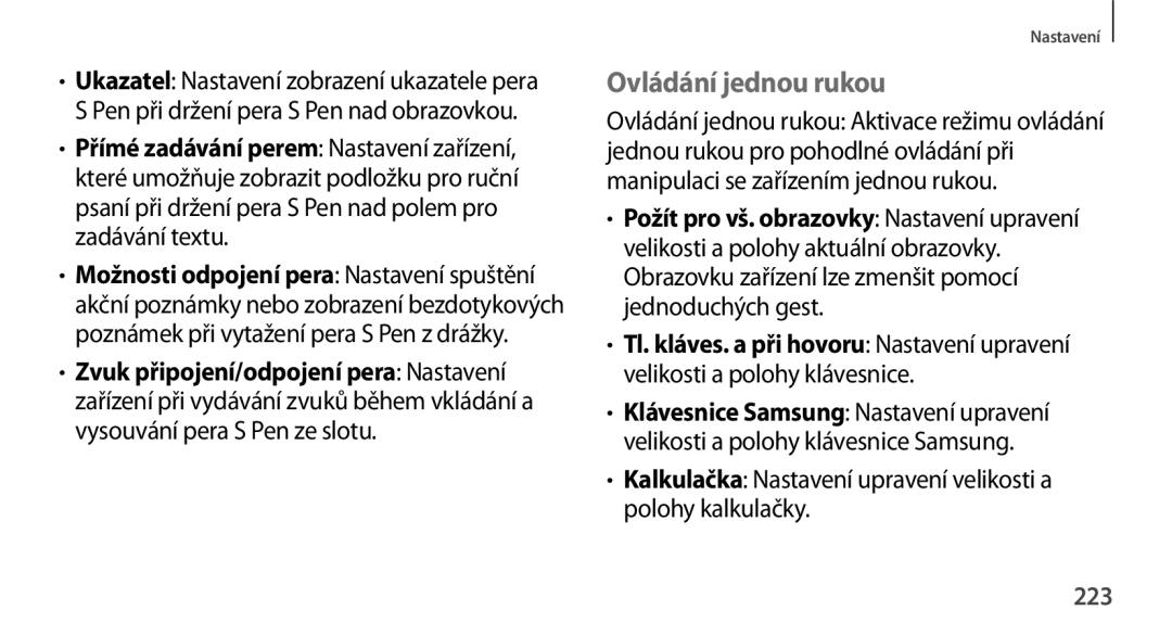 Samsung SM-N9005ZWEAUT manual Ovládání jednou rukou, Kalkulačka Nastavení upravení velikosti a polohy kalkulačky, 223 