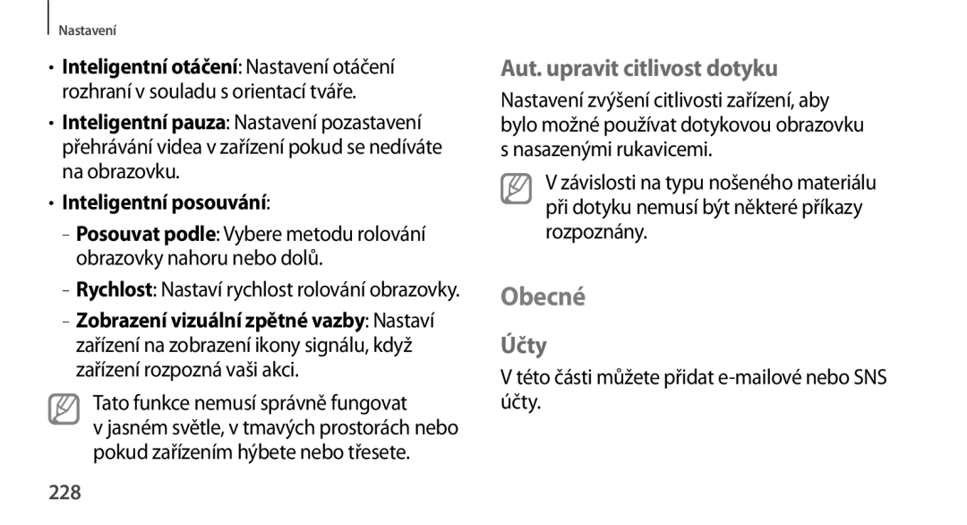 Samsung SM-N9005ZWEVVT, SM-N9005ZKEXEO, SM-N9005ZWEXEO, SM-N9005ZKEPRT manual Obecné, Aut. upravit citlivost dotyku, Účty, 228 