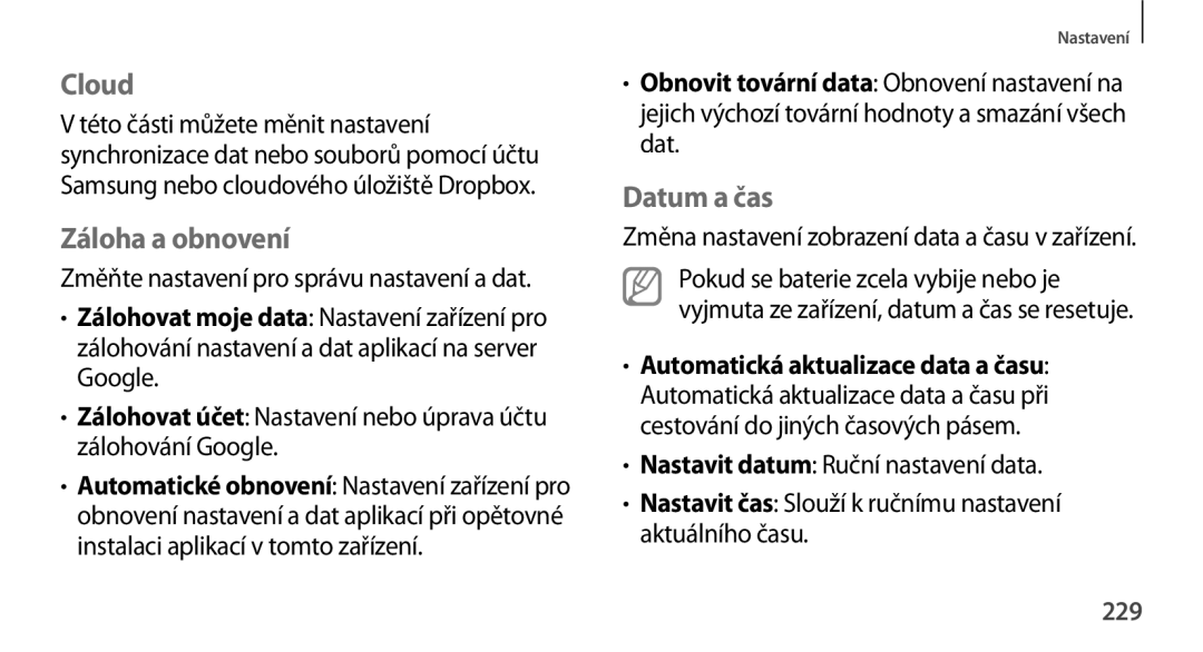 Samsung SM2N9005ZKEVDC, SM-N9005ZKEXEO Cloud, Záloha a obnovení, Datum a čas, Automatická aktualizace data a času, 229 