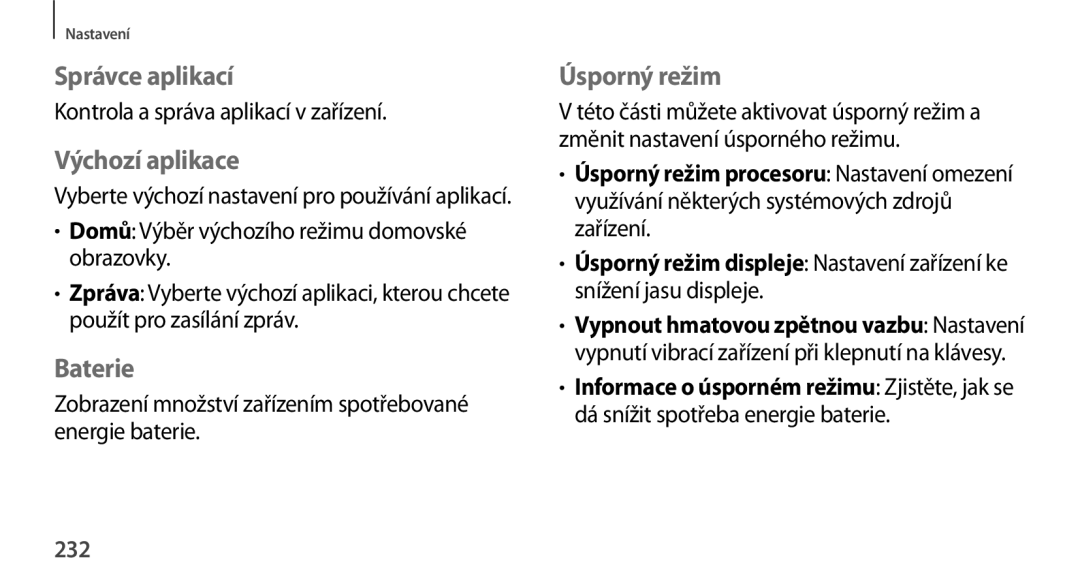 Samsung SM-N9005ZKEVDC, SM-N9005ZKEXEO, SM-N9005ZWEXEO manual Správce aplikací, Výchozí aplikace, Baterie, Úsporný režim, 232 