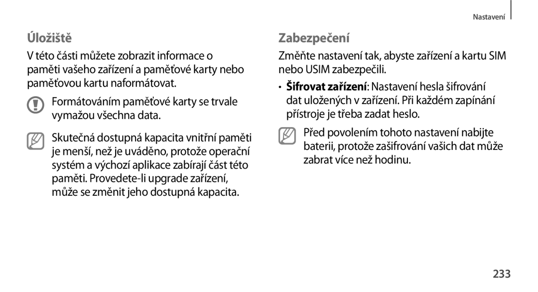 Samsung SM-N9005ZKEIDE manual Úložiště, Zabezpečení, Formátováním paměťové karty se trvale vymažou všechna data, 233 