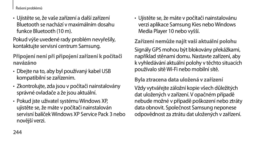 Samsung SM2N9005ZWEETL, SM-N9005ZKEXEO, SM-N9005ZWEXEO manual Připojení není při připojení zařízení k počítači navázáno, 244 