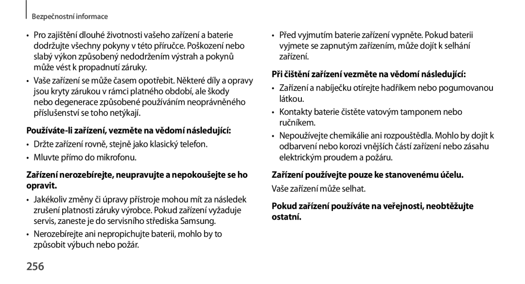 Samsung SM-N9005ZWEATO, SM-N9005ZKEXEO, SM-N9005ZWEXEO manual 256, Při čištění zařízení vezměte na vědomí následující 