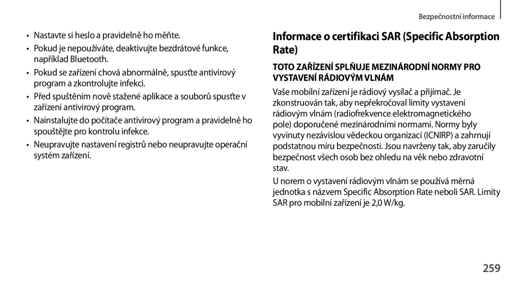 Samsung SM-N9005ZWEAUT, SM-N9005ZKEXEO, SM-N9005ZWEXEO manual Informace o certifikaci SAR Specific Absorption Rate, 259 