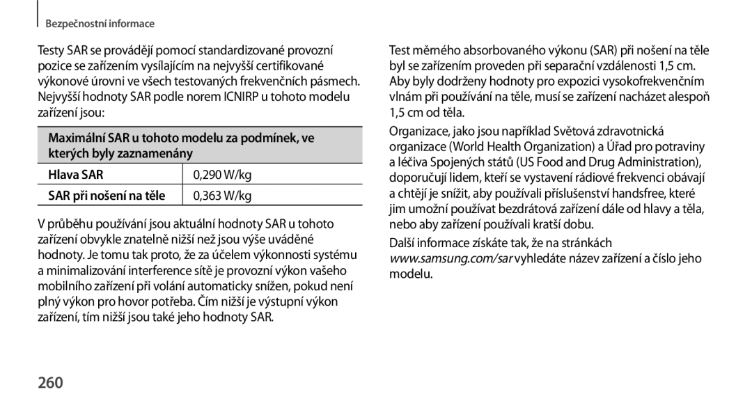 Samsung SM-N9005ZKEBGL, SM-N9005ZKEXEO, SM-N9005ZWEXEO, SM-N9005ZKEPRT, SM-N9005ZWEETL, SM-N9005ZWEATO manual 260, Hlava SAR 