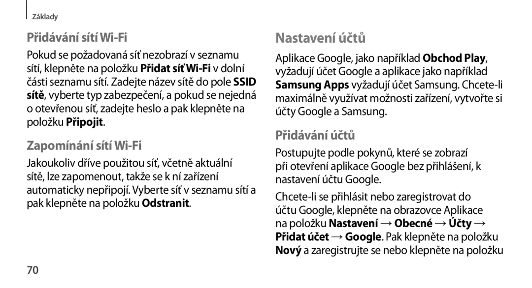 Samsung SM-N9005ZKEMAX, SM-N9005ZKEXEO manual Nastavení účtů, Přidávání sítí Wi-Fi, Zapomínání sítí Wi-Fi, Přidávání účtů 