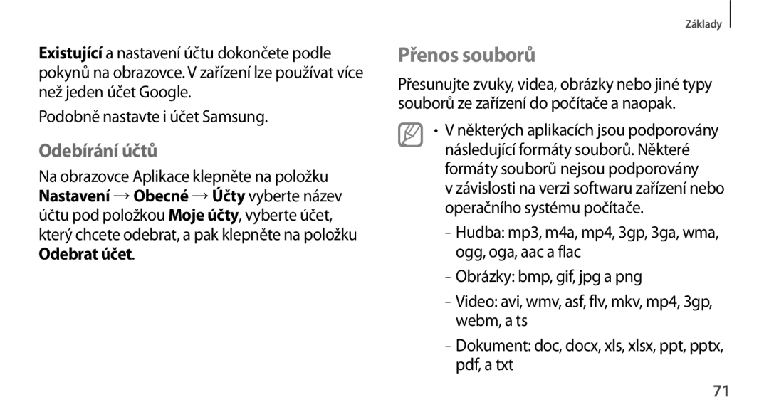 Samsung SM-N9005ZKEAUT, SM-N9005ZKEXEO, SM-N9005ZWEXEO, SM-N9005ZKEPRT manual Přenos souborů, Odebírání účtů, Odebrat účet 