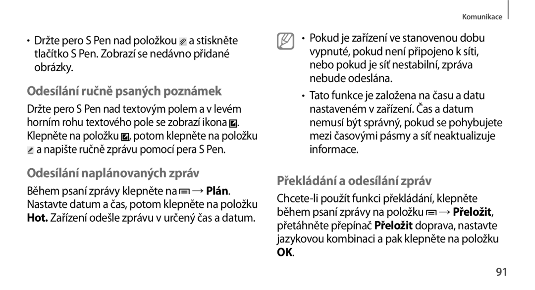 Samsung SM-N9005ZKEDRE manual Odesílání ručně psaných poznámek, Odesílání naplánovaných zpráv, Překládání a odesílání zpráv 