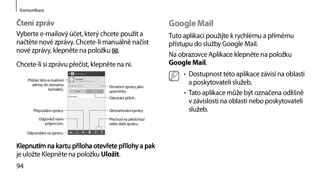 Samsung SM-N9005ZWETPL, SM-N9005ZKEXEO manual Google Mail, Čtení zpráv, Chcete-li si zprávu přečíst, klepněte na ni 