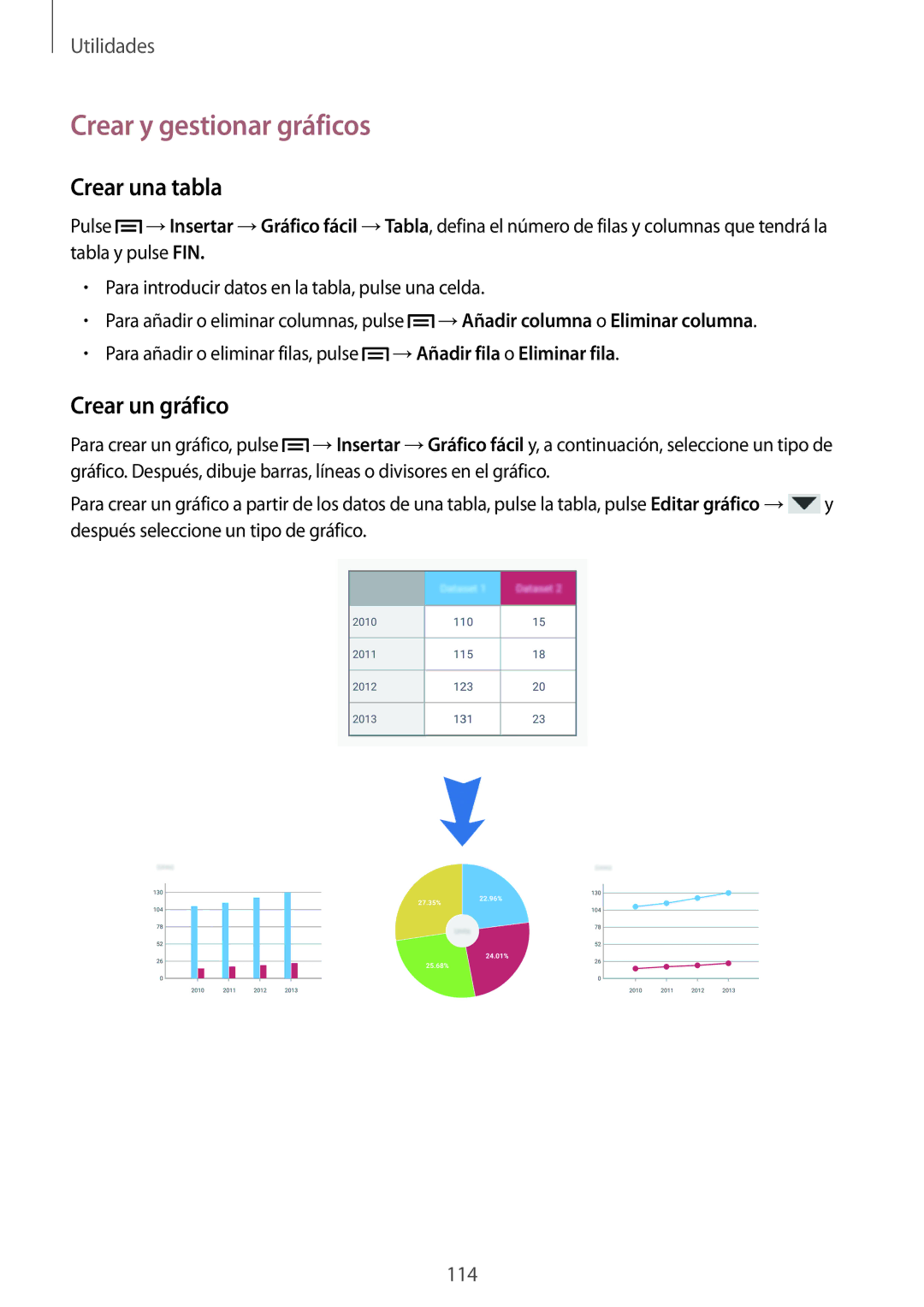 Samsung SM-N9005ZWEITV, SM-N9005ZWEDBT, SM-N9005ZKEEUR manual Crear y gestionar gráficos, Crear una tabla, Crear un gráfico 