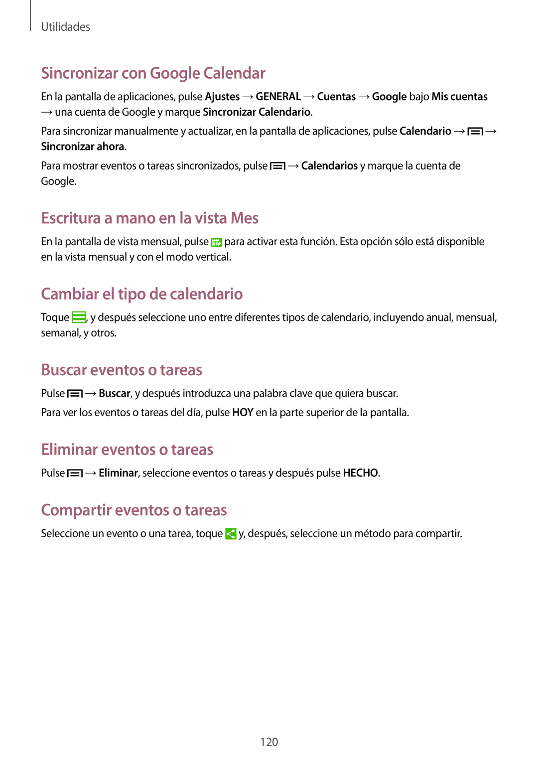 Samsung SM-N9005ZWETPH Sincronizar con Google Calendar, Escritura a mano en la vista Mes, Cambiar el tipo de calendario 