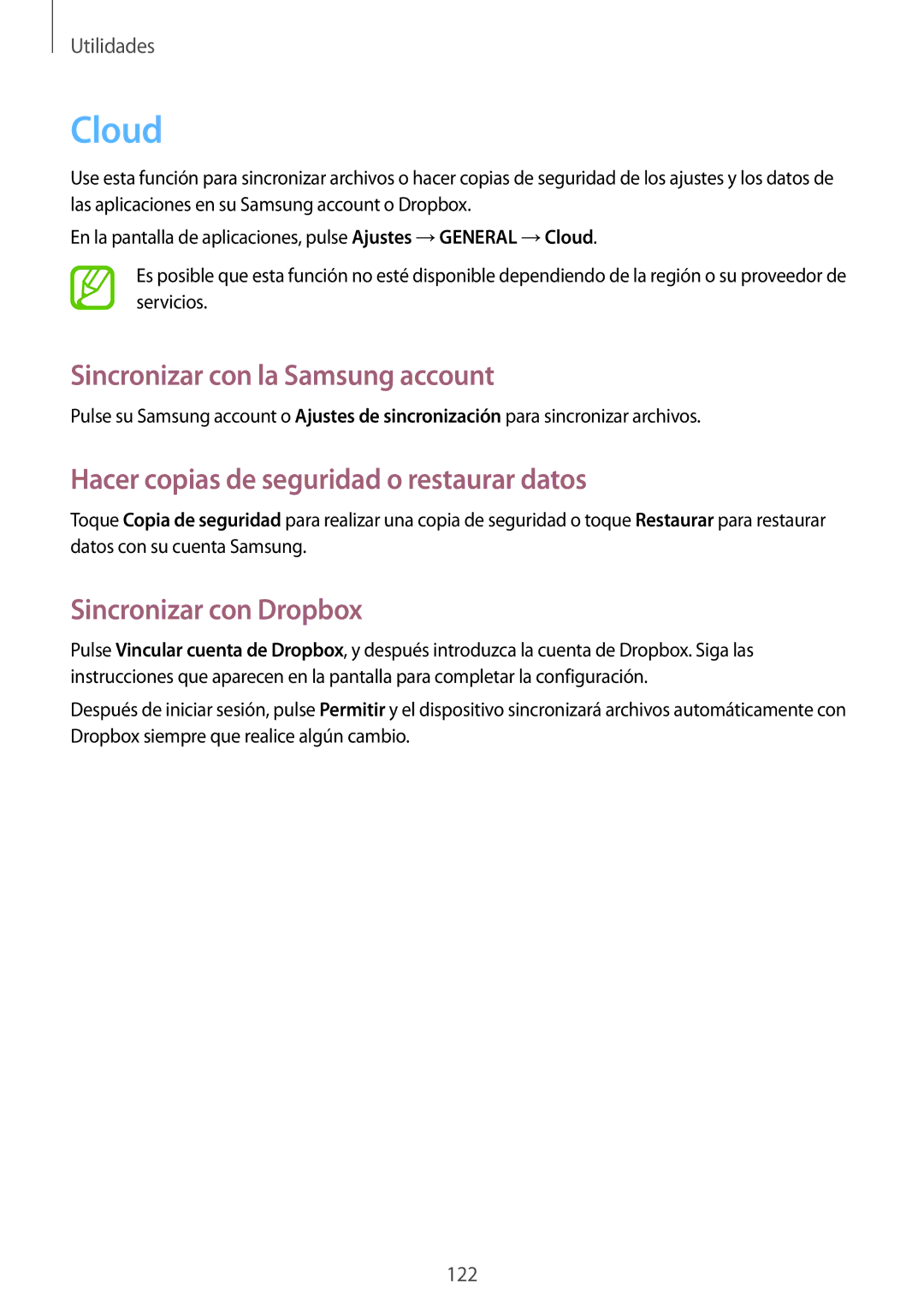 Samsung SM-N9005ZKEXEF manual Cloud, Sincronizar con la Samsung account, Hacer copias de seguridad o restaurar datos 