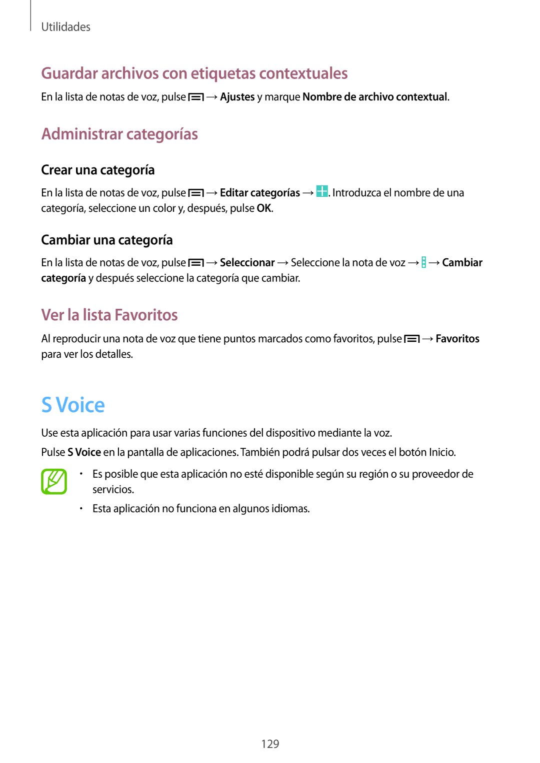 Samsung SM-N9005ZKMCOM Voice, Guardar archivos con etiquetas contextuales, Administrar categorías, Ver la lista Favoritos 