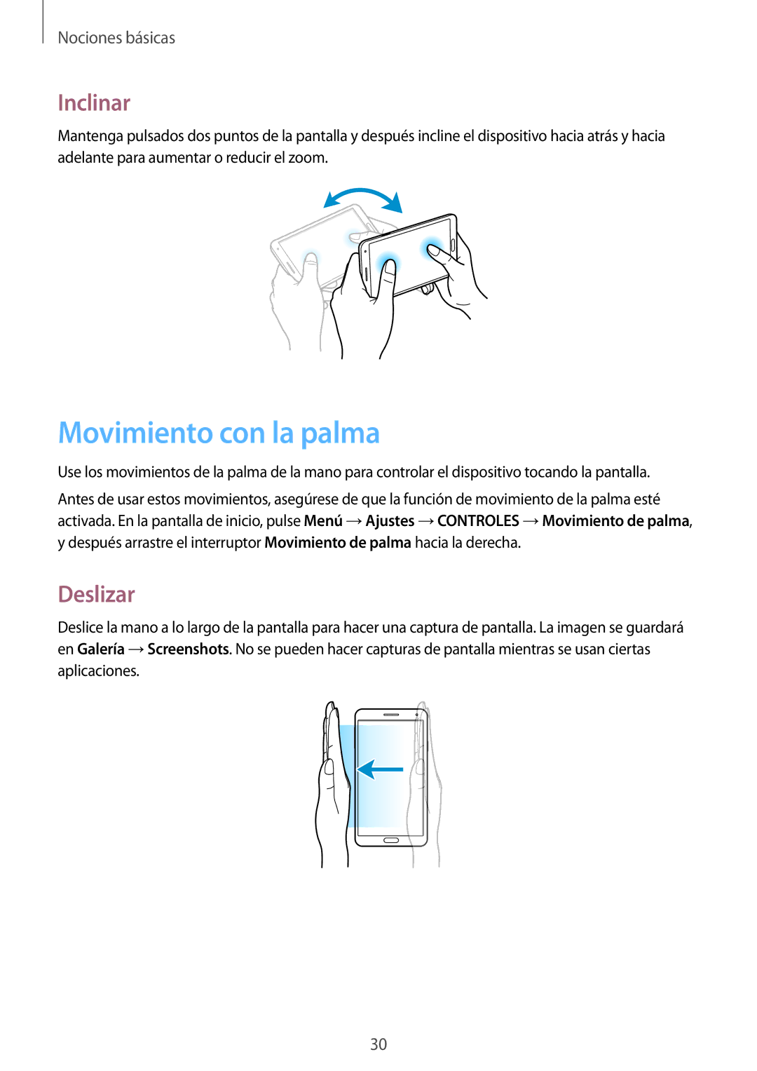 Samsung SM-N9005WDEBTU, SM-N9005ZWEITV, SM-N9005ZWEDBT, SM-N9005ZKEEUR manual Movimiento con la palma, Inclinar, Deslizar 