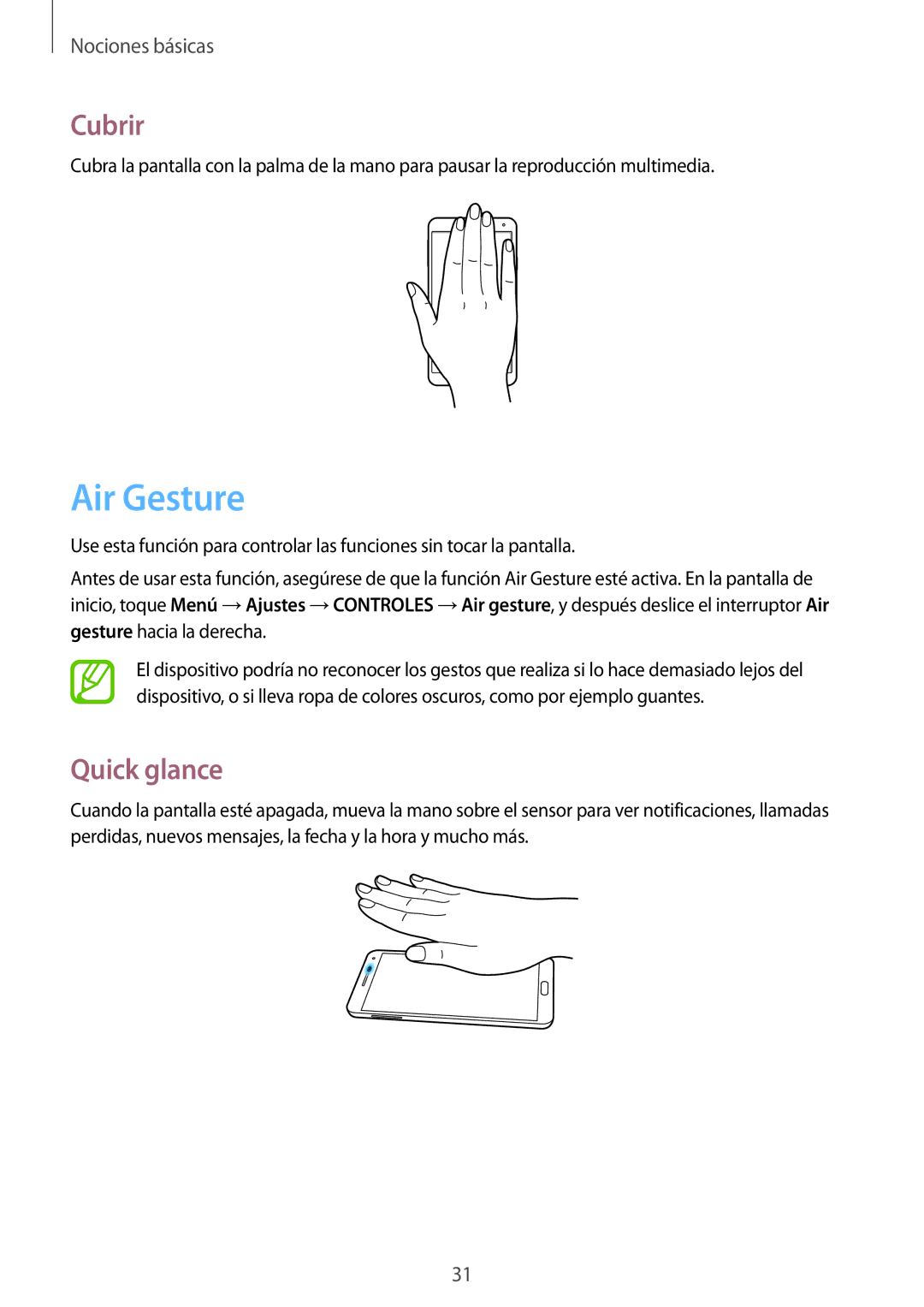 Samsung SM-N9005ZWEEUR, SM-N9005ZWEITV, SM-N9005ZWEDBT, SM-N9005ZKEEUR, SM-N9005ZKETPH manual Air Gesture, Cubrir, Quick glance 