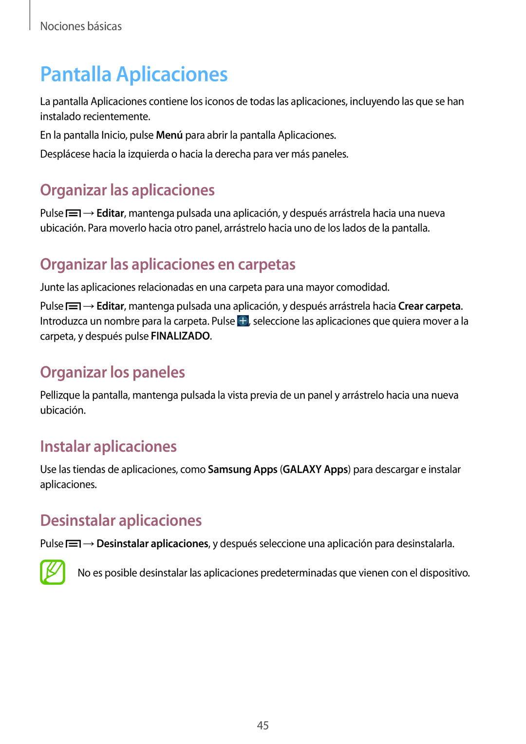 Samsung SM-N9005ZKEDBT manual Pantalla Aplicaciones, Organizar las aplicaciones en carpetas, Instalar aplicaciones 