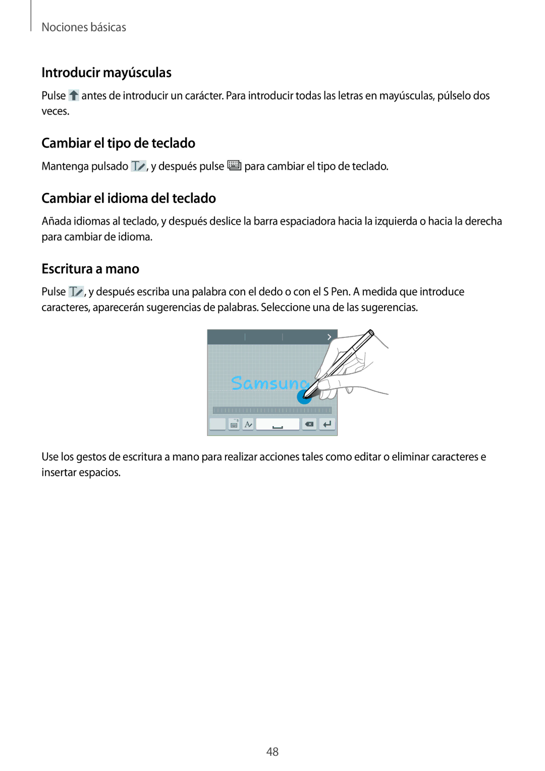 Samsung SM-N9005ZWEXEF Introducir mayúsculas, Cambiar el tipo de teclado, Cambiar el idioma del teclado, Escritura a mano 