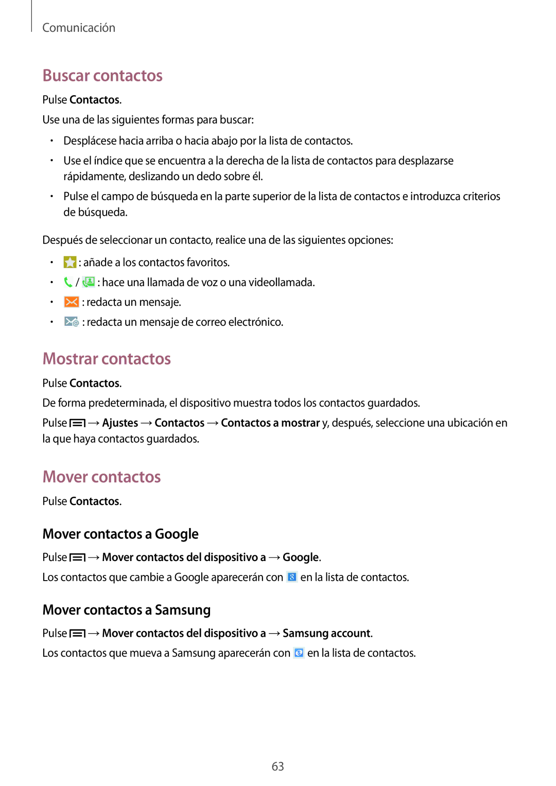 Samsung SM-N9005ZWEPHN manual Buscar contactos, Mostrar contactos, Mover contactos a Google, Mover contactos a Samsung 