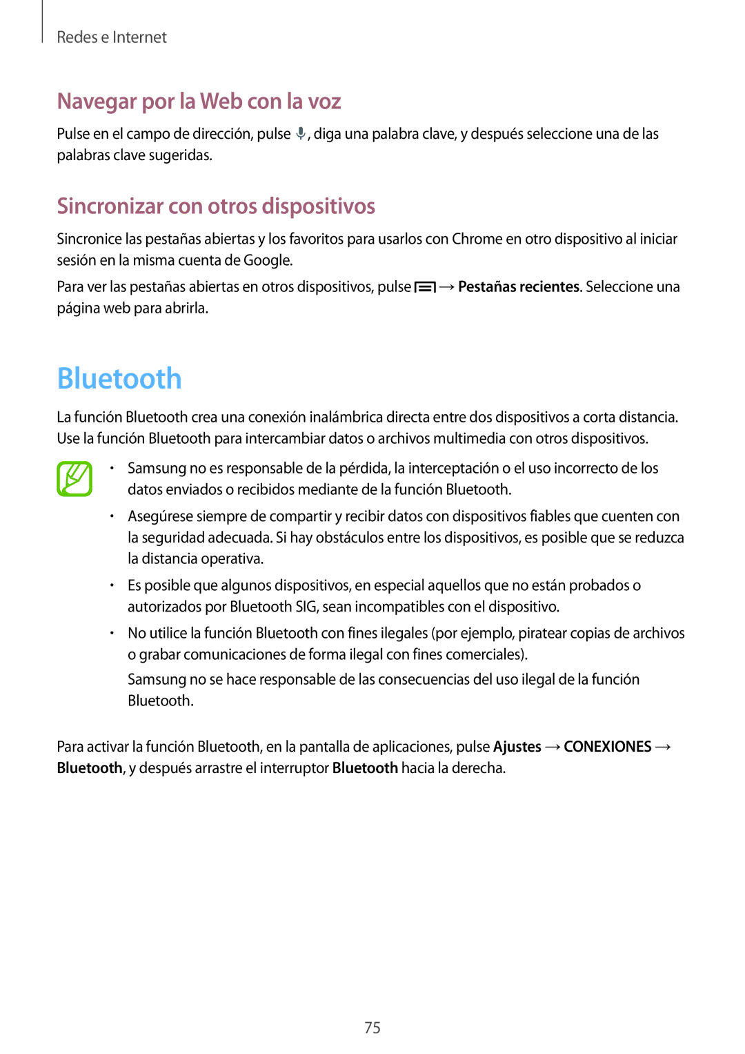 Samsung SM-N9005ZKEPHE, SM-N9005ZWEITV manual Bluetooth, Navegar por la Web con la voz, Sincronizar con otros dispositivos 