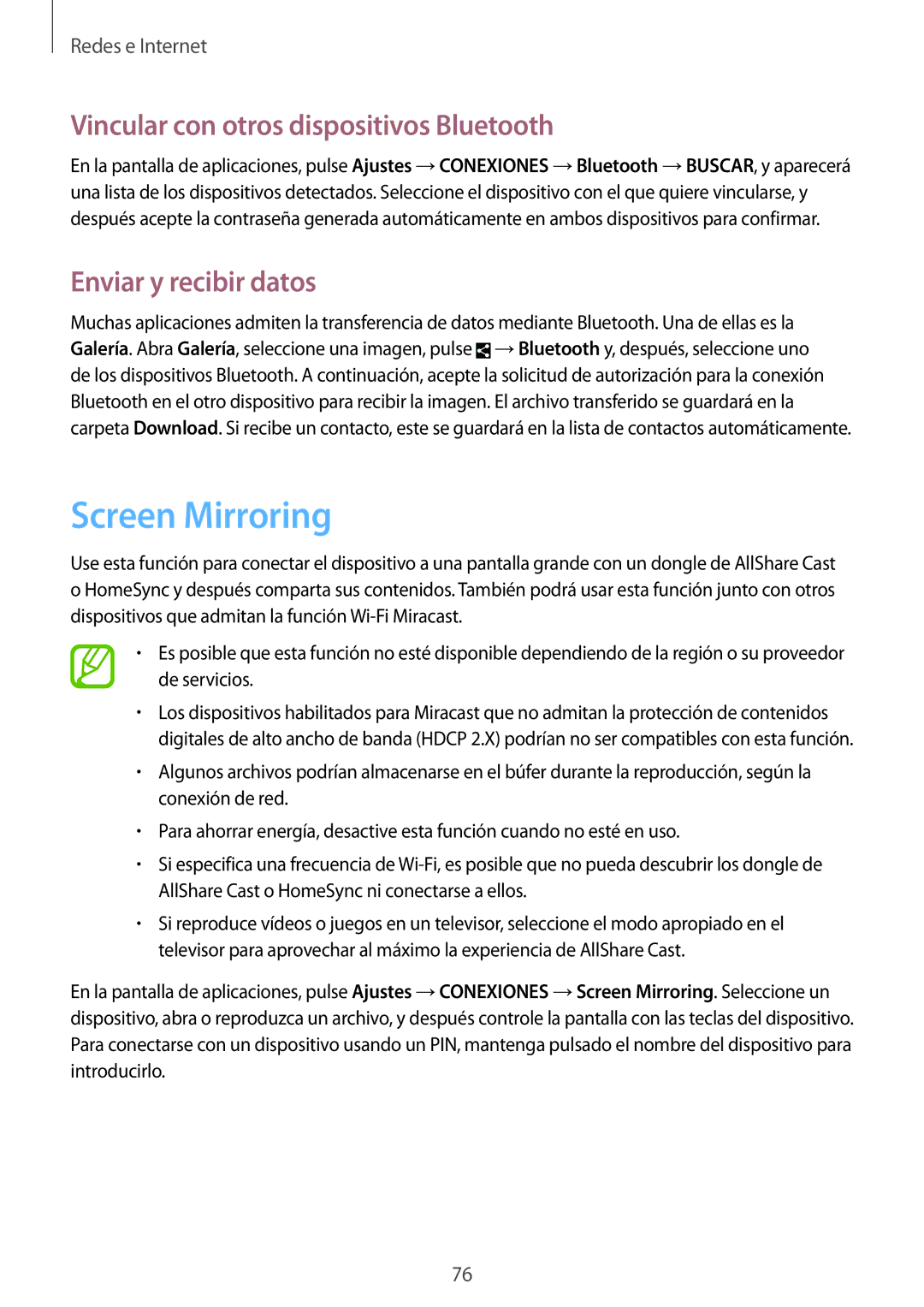 Samsung SM-N9005ZWEITV, SM-N9005ZWEDBT Screen Mirroring, Vincular con otros dispositivos Bluetooth, Enviar y recibir datos 