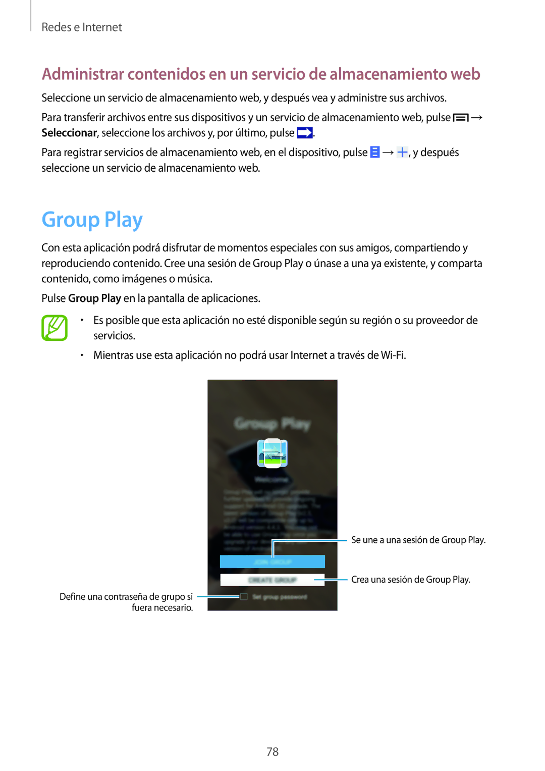Samsung SM-N9005ZKEEUR, SM-N9005ZWEITV manual Group Play, Administrar contenidos en un servicio de almacenamiento web 
