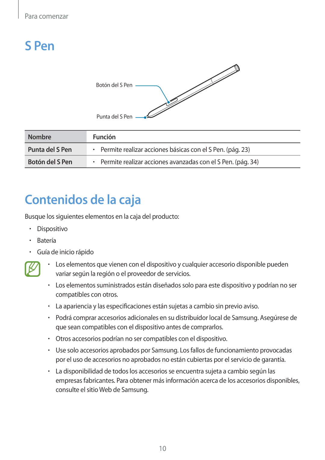 Samsung SM-N9005ZWEXEF, SM-N9005ZWEITV, SM-N9005ZWEDBT, SM-N9005ZKEEUR, SM-N9005ZKETPH manual Pen, Contenidos de la caja 