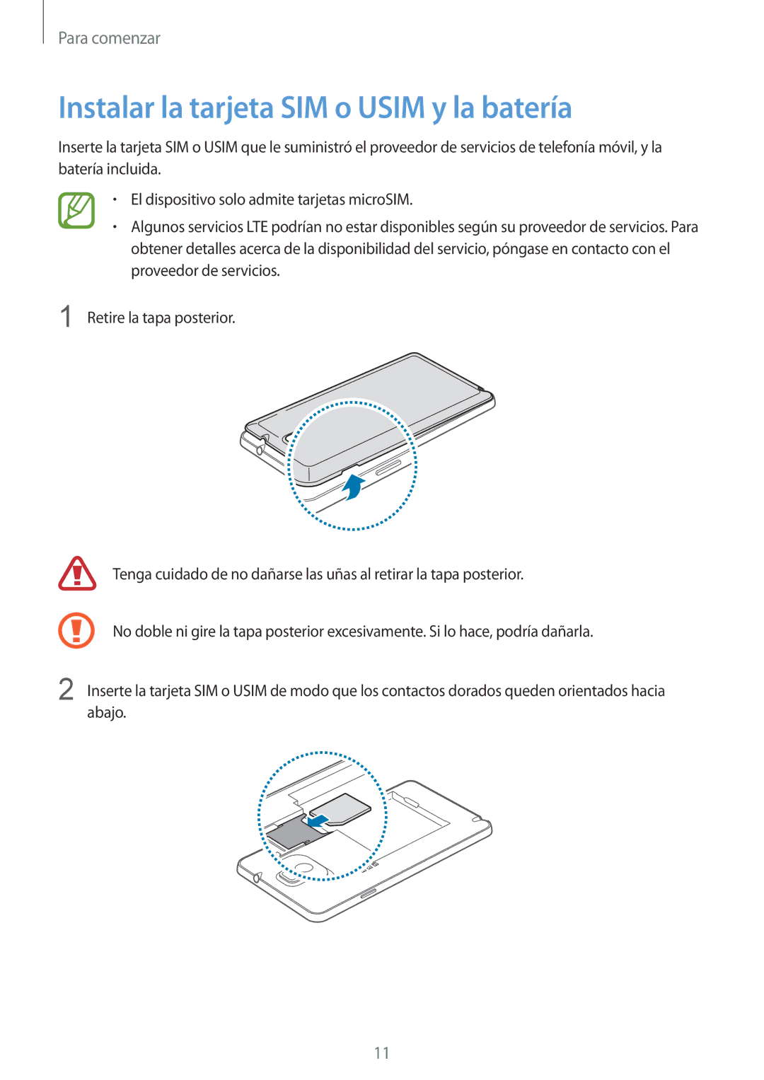 Samsung SM-N9005ZKEAMO, SM-N9005ZWEITV, SM-N9005ZWEDBT, SM-N9005ZKEEUR manual Instalar la tarjeta SIM o Usim y la batería 