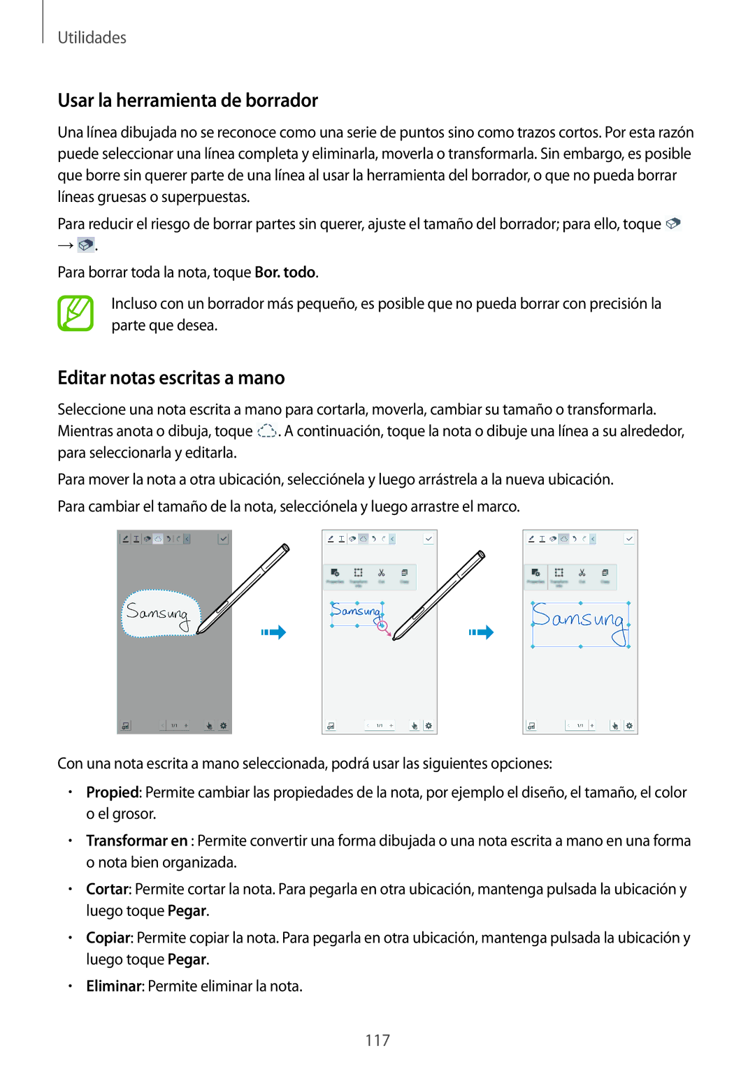 Samsung SM-N9005ZKETPH, SM-N9005ZWEITV, SM-N9005ZWEDBT manual Usar la herramienta de borrador, Editar notas escritas a mano 