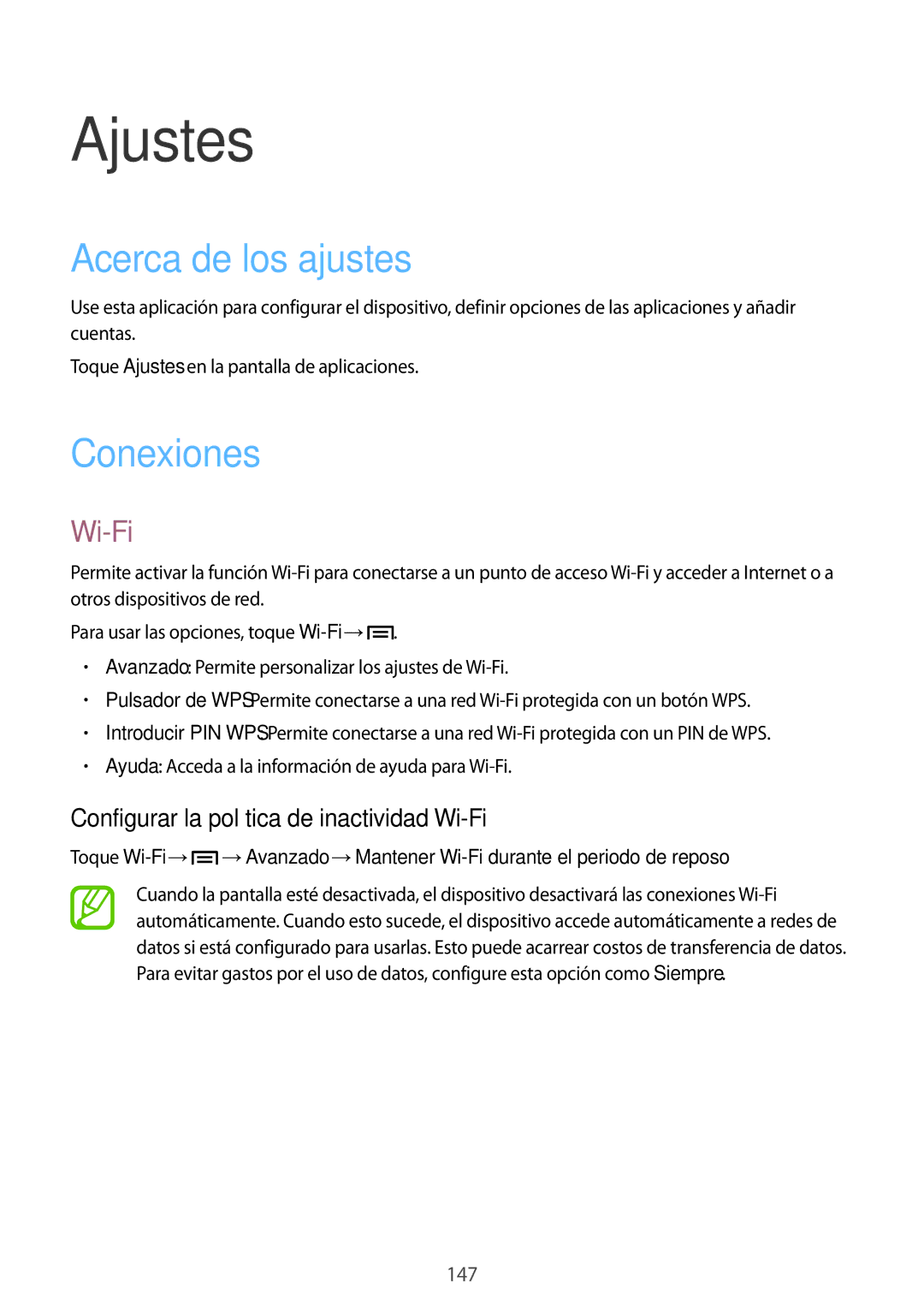 Samsung SM-N9005ZKEAMN, SM-N9005ZWEITV Acerca de los ajustes, Conexiones, Configurar la política de inactividad Wi-Fi 