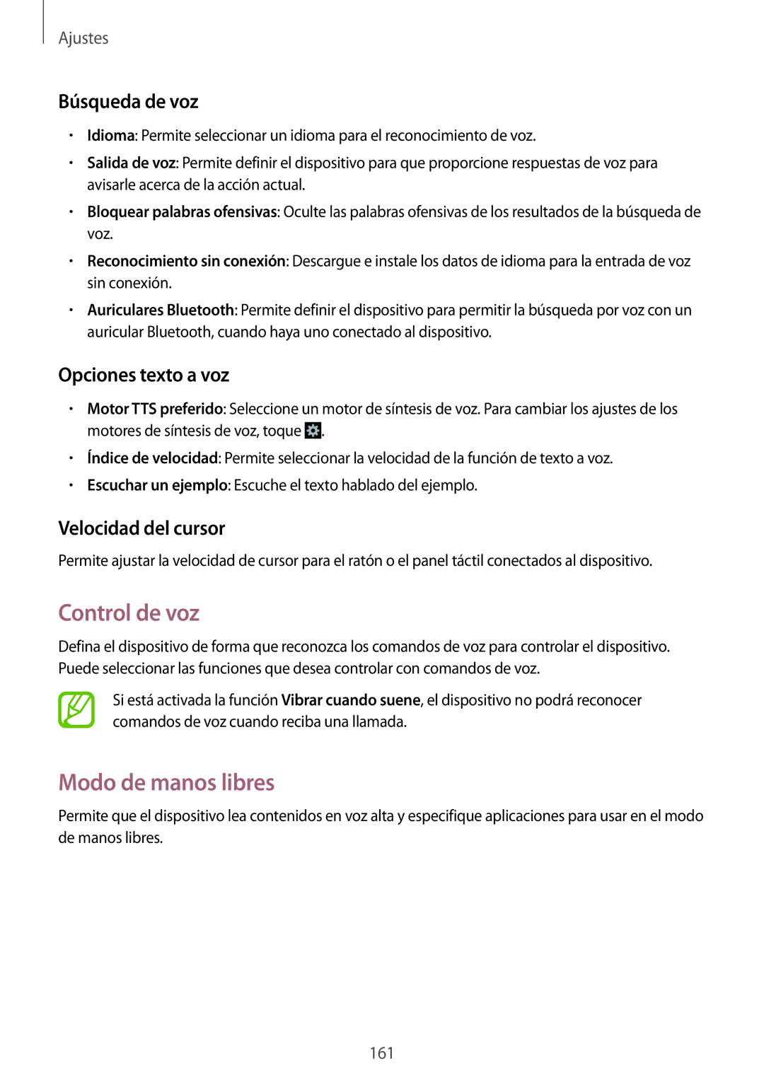Samsung SM-N9005ZIEXEF, SM-N9005ZWEITV manual Control de voz, Búsqueda de voz, Opciones texto a voz, Velocidad del cursor 