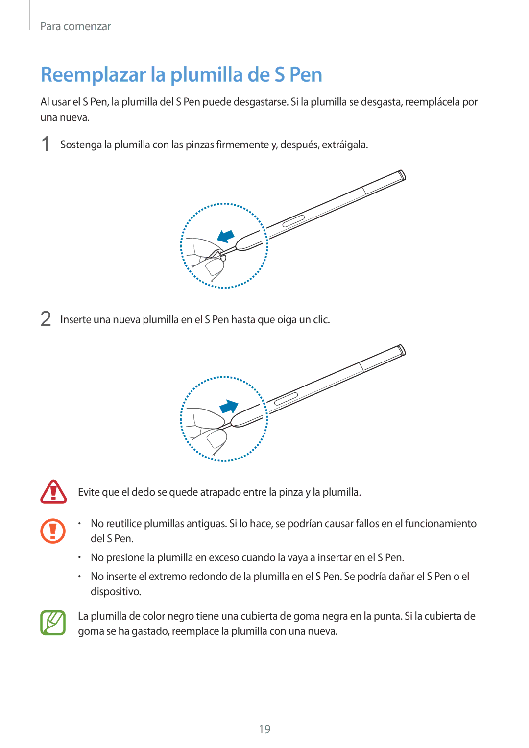 Samsung SM-N9005ZWEPHE, SM-N9005ZWEITV, SM-N9005ZWEDBT, SM-N9005ZKEEUR, SM-N9005ZKETPH manual Reemplazar la plumilla de S Pen 