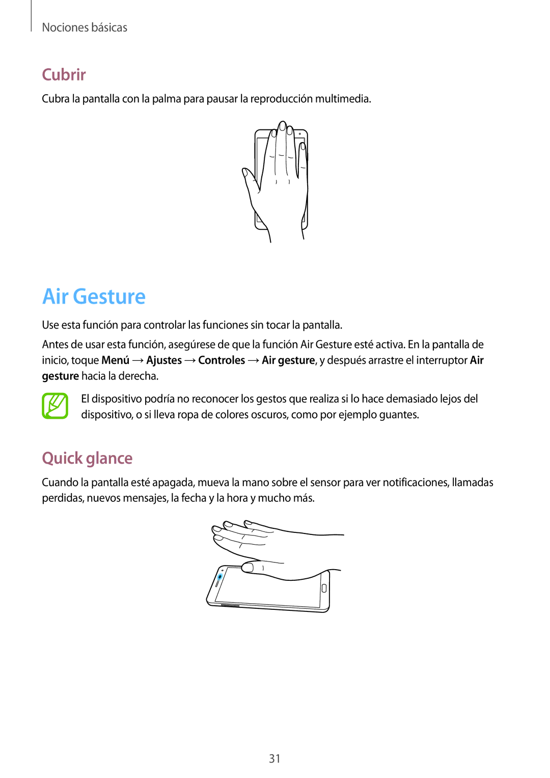 Samsung SM-N9005ZWEEUR, SM-N9005ZWEITV, SM-N9005ZWEDBT, SM-N9005ZKEEUR, SM-N9005ZKETPH manual Air Gesture, Cubrir, Quick glance 