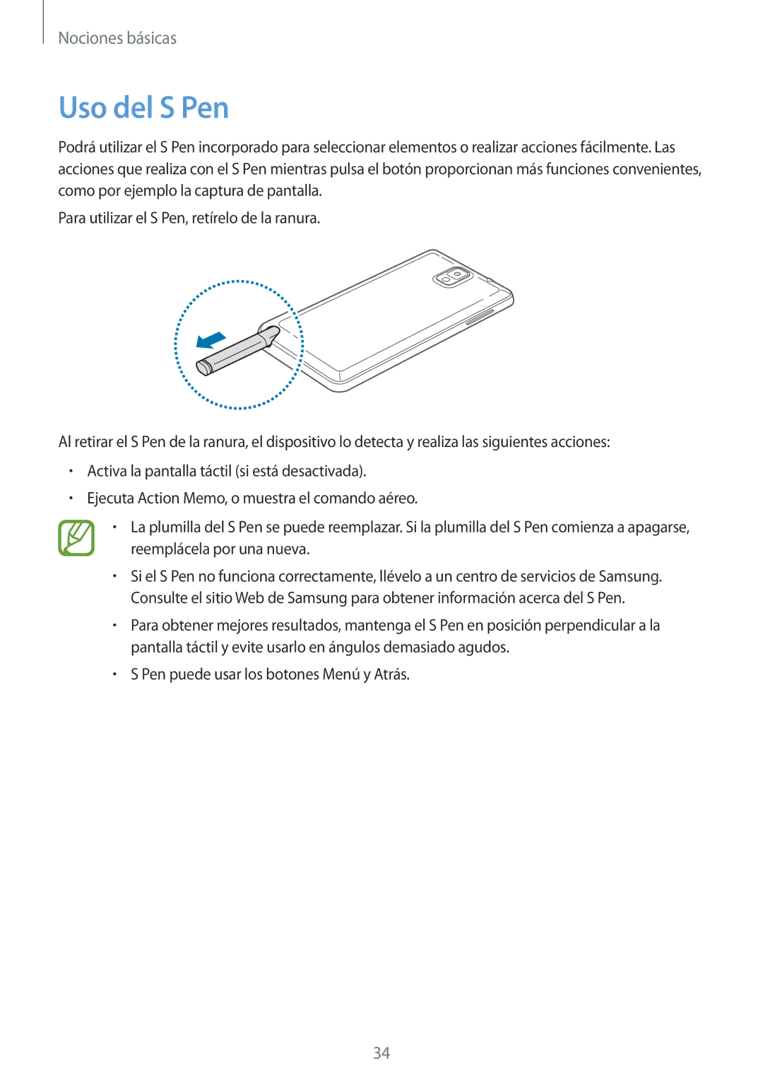 Samsung SM-N9005ZIEYOG, SM-N9005ZWEITV, SM-N9005ZWEDBT, SM-N9005ZKEEUR, SM-N9005ZKETPH, SM-N9005ZWESEB manual Uso del S Pen 