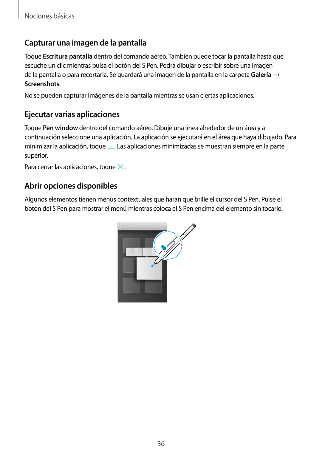 Samsung SM-N9005ZWEAUT manual Capturar una imagen de la pantalla, Ejecutar varias aplicaciones, Abrir opciones disponibles 