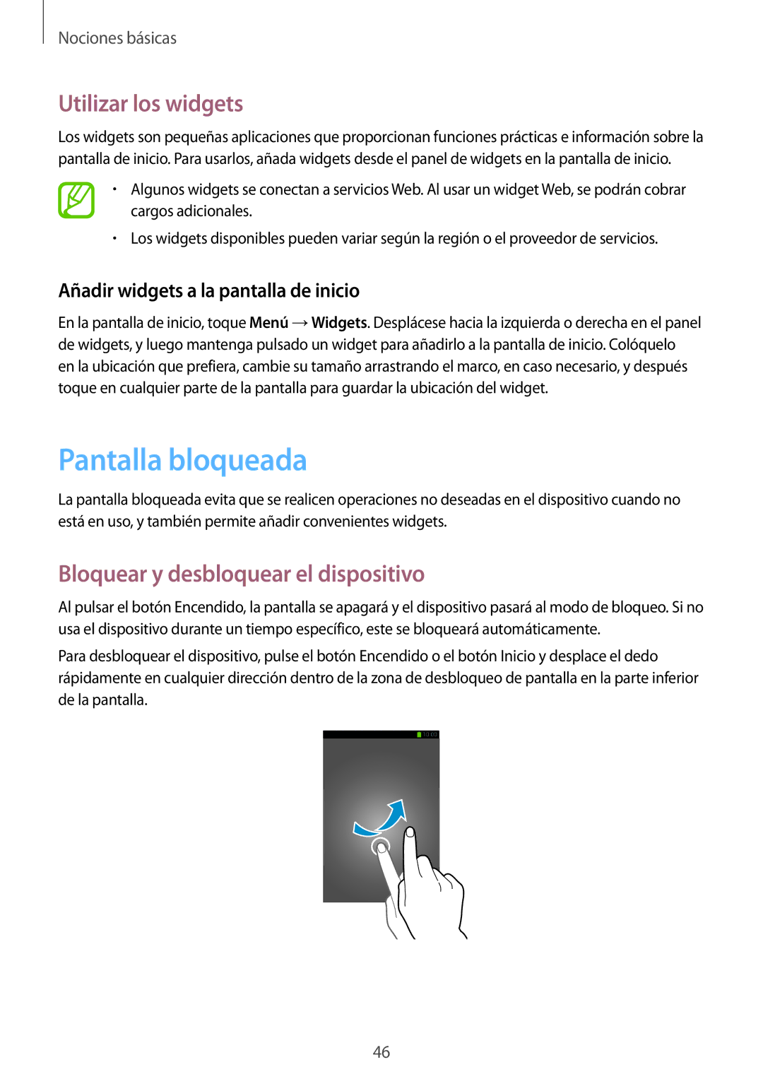 Samsung SM-N9005ZKEXEF, SM-N9005ZWEITV Pantalla bloqueada, Utilizar los widgets, Bloquear y desbloquear el dispositivo 